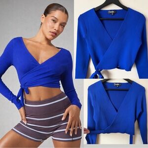 Missguided Cobalt Ribbed Knit Long Sleeve Wrap Tie Crop Top M